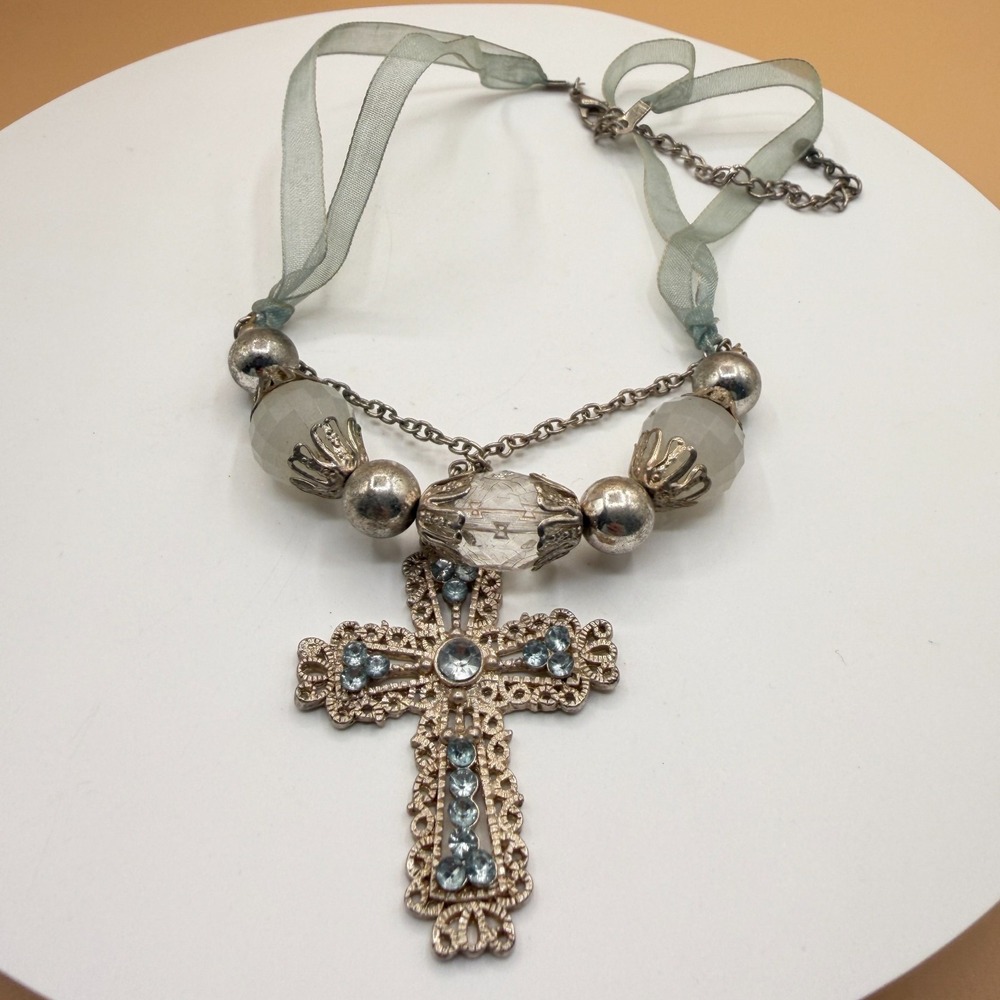 Blue Rhinestone Cross Pendant Necklace Ribbon Beaded Gothic Statement Vintage